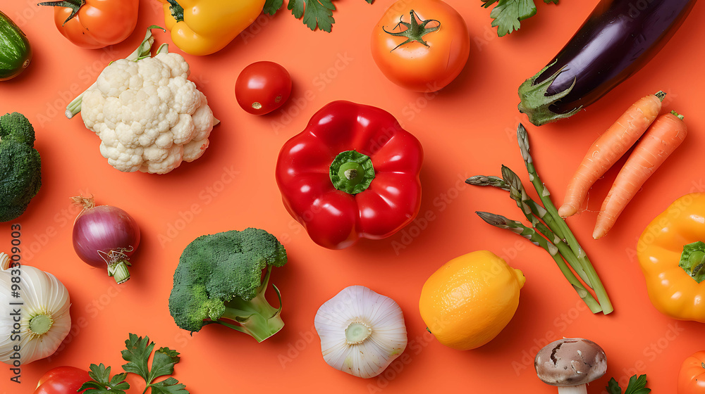An assortment of fresh vegetables and fruits on an orange background. An assortment of fresh vegetables and fruits on an orange background.