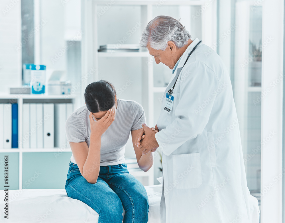Obraz premium Doctor, woman or sad in clinic with support, loss or unsuccessful fertility treatment. Gynecologist, patient or bad news in practice for miscarriage, infertility or diagnosis in healthcare with grief