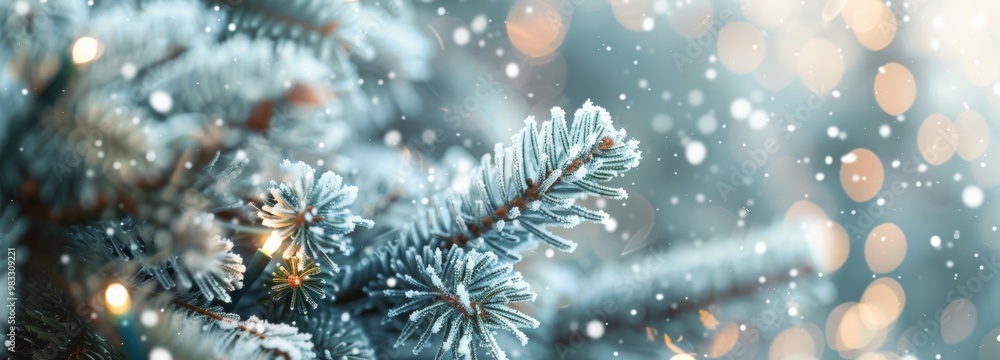 Christmas background. Xmas tree with snow decorated with garland lights, holiday festive background. Widescreen frame backdrop. New year Winter art design, Christmas scene wide screen holiday border Christmas background. Xmas tree with snow decorated with garland lights, holiday festive background. Widescreen frame backdrop. New year Winter art design, Christmas scene wide screen holiday border