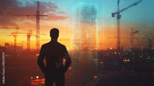 professional engineer stands confidently against backdrop of cranes and glowing skyscraper, symbolizing innovation and progress in urban development photo