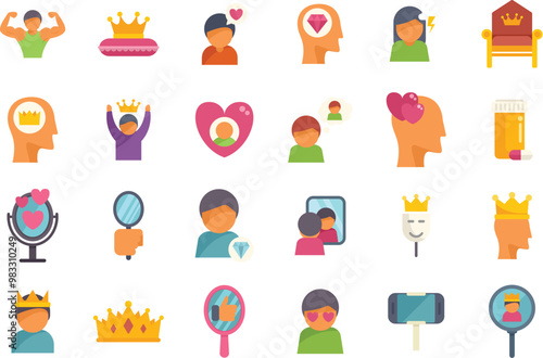 People feeling superior arrogant narcissistic selfish boasting icons set in flat style