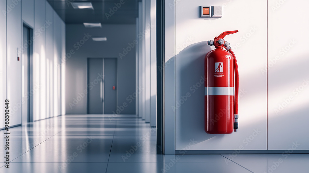 A red fire extinguisher is positioned beside consumer unit in modern hallway, emphasizing safety in sleek, contemporary environment. bright colors and clean lines create sense of order and preparednes A red fire extinguisher is positioned beside consumer unit in modern hallway, emphasizing safety in sleek, contemporary environment. bright colors and clean lines create sense of order and preparednes