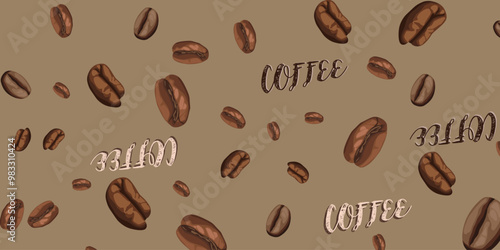 Pattern with realistic coffee beans. Vector illustration. Coffee pattern on a beige dark background. Pattern for packaging
