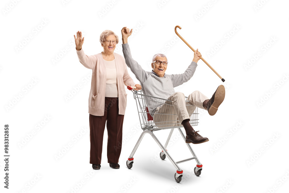 Funny elderly woman and man sitting inside a shopping cart Funny elderly woman and man sitting inside a shopping cart