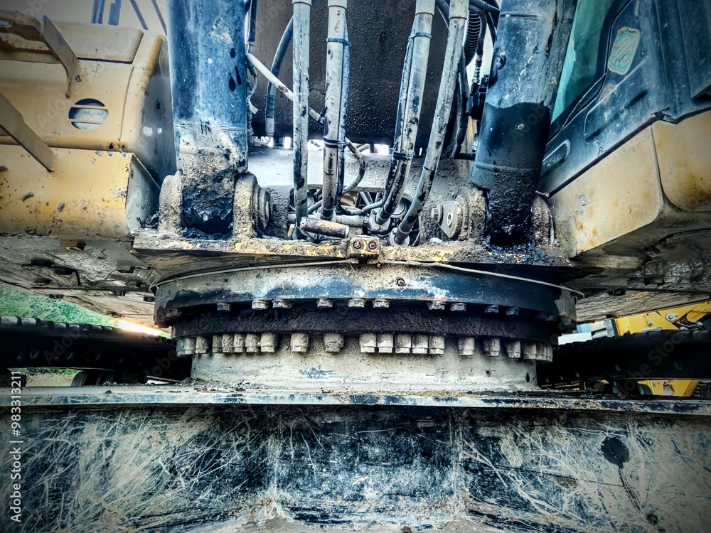 muddy crawler excavator heavy duty construction equipment at site full frame