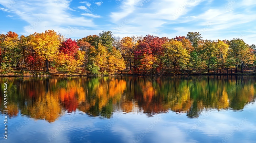 Vibrant fall foliage reflected in a still lake with blue sky. Vibrant fall foliage reflected in a still lake with blue sky.