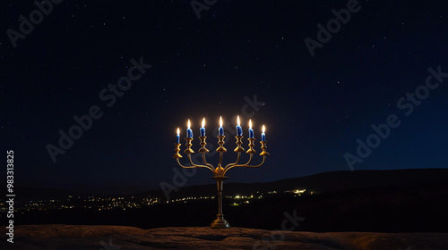 Menorah with Colorful Hanukkah Candles Lit Under Starry Night Sky photo