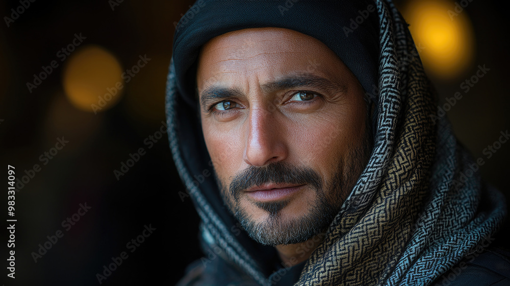 A man wearing a dark hooded garment gazes intensely at the viewer, illuminated by soft, warm lights in the background A man wearing a dark hooded garment gazes intensely at the viewer, illuminated by soft, warm lights in the background