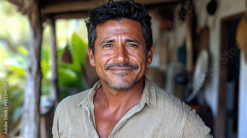 Wallpaper Mural A cheerful man in a light shirt poses outside a rustic setting with lush green plants in the background, radiating warmth and friendliness Torontodigital.ca