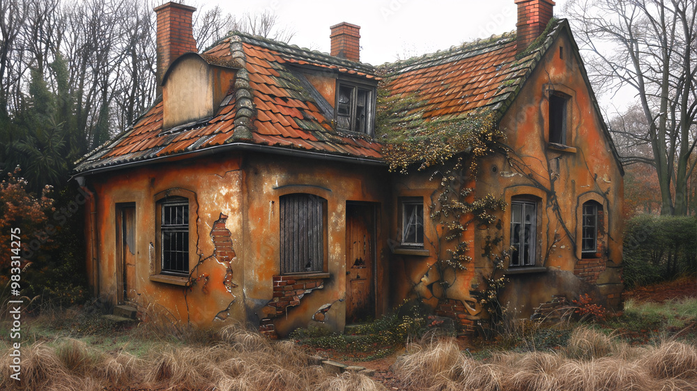 Abandoned rustic house with cracked walls, overgrown ivy, and a decaying roof in a forest setting during autumn Abandoned rustic house with cracked walls, overgrown ivy, and a decaying roof in a forest setting during autumn