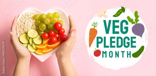 фотографія Female hands with plate and fresh healthy products on pink background