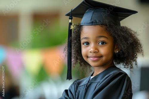A young girl in a black graduation gown and cap smiles for the camera.
