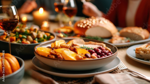 A table with plates of food and candles on it, AI