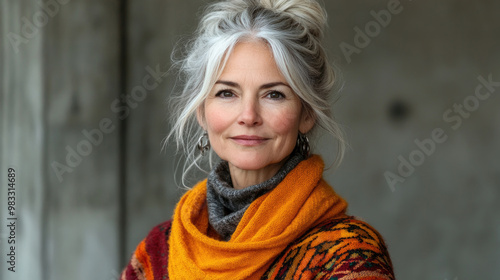 A woman with long silver hair wearing a bright orange scarf stands confidently indoors, showcasing her stylish and warm outfit