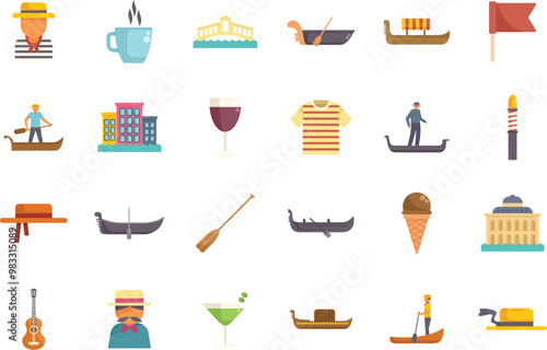 This set of icons represents italian culture with gondolas, gondoliers, food and drinks, and venetian architecture