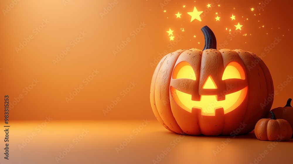 Smiling Jack-O'-Lantern With Stars, Light Orange Background . Generative ai Smiling Jack-O'-Lantern With Stars, Light Orange Background . Generative ai