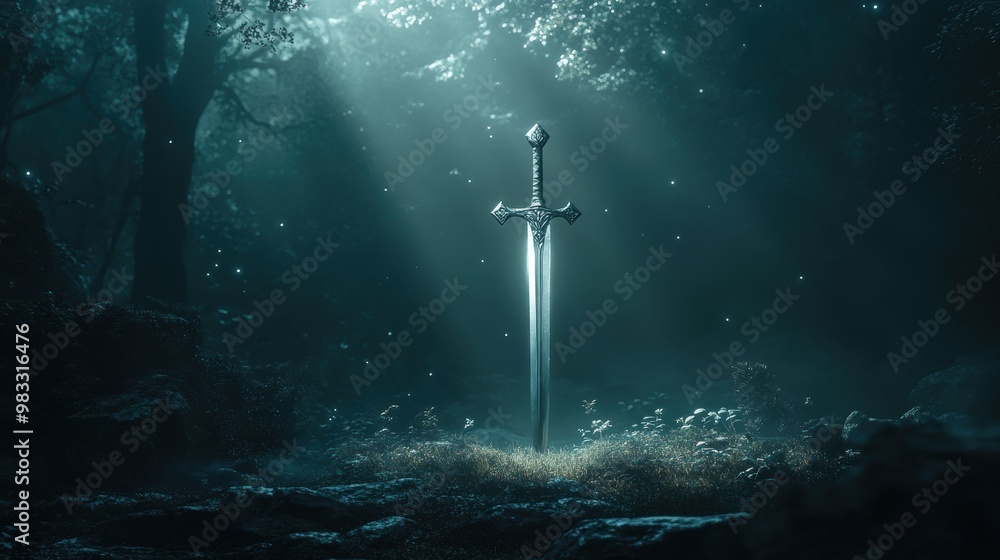 Naklejka premium Mystical Sword in a Foggy Enchanted Forest