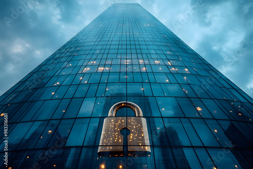 Security Padlock Icon on Skyscraper Symbolizing Financial Protection and Stock Market Safety
 photo