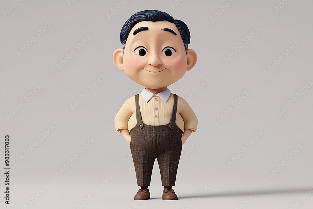 Smiling 3D cartoon character of a young man with brown hair wearing suspenders Smiling 3D cartoon character of a young man with brown hair wearing suspenders