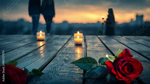 A couple enjoys a romantic evening atmosphere with red roses and soft candlelight as the sun sets along the tranquil riverside.