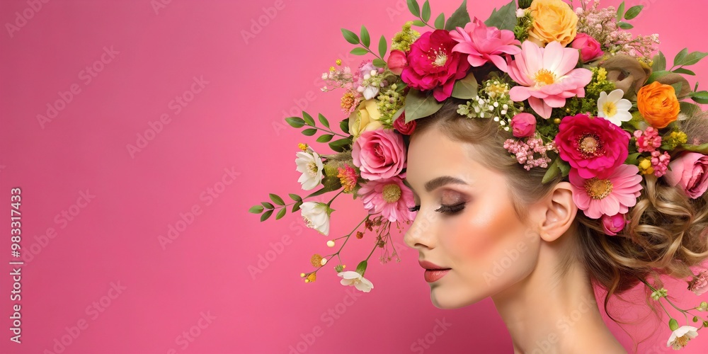 portrait of woman with pink flowers portrait of woman with pink flowers