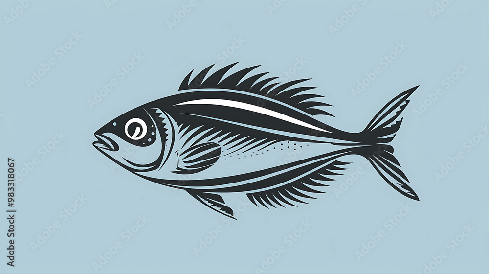 A black and white illustration of a fish on a light blue background. A black and white illustration of a fish on a light blue background.