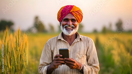 Smiling Farmer Using Mobile Phone Wheat Fields Agriculture Technology Communication photo