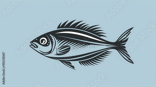 A black and white illustration of a fish on a light blue background.