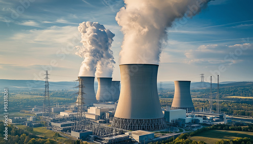A nuclear power plant with a huge reactor dome in the centre of the frame, surrounded by a system of cooling towers