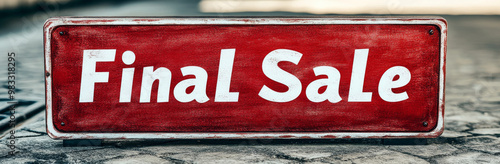 Final Sale sign displayed prominently, indicating significant discount or clearance event. This eye catching red and white sign is perfect for attracting attention to sales and promotions