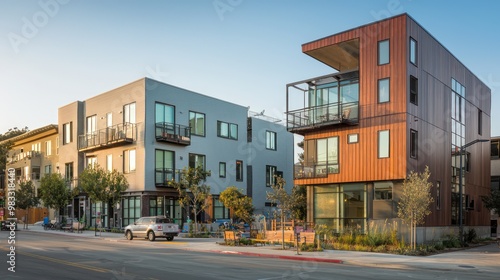 An urban renewal project featuring old buildings retrofitted with energy-efficient fiber cement siding, highlighting sustainability in city planning