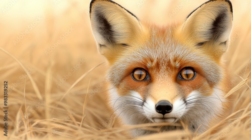 A close up of a fox in the grass with its eyes open, AI