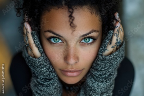 Close-up Portrait of a Young Woman with Curly Hair and Tattoos photo