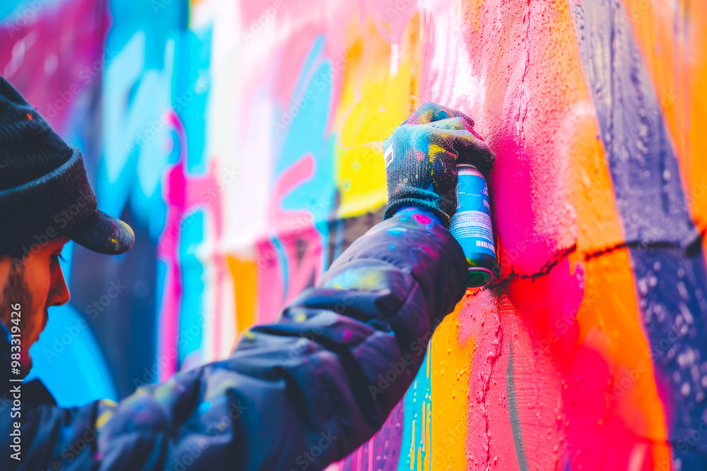 Obraz premium A street artist creating a colorful mural with spray paint.