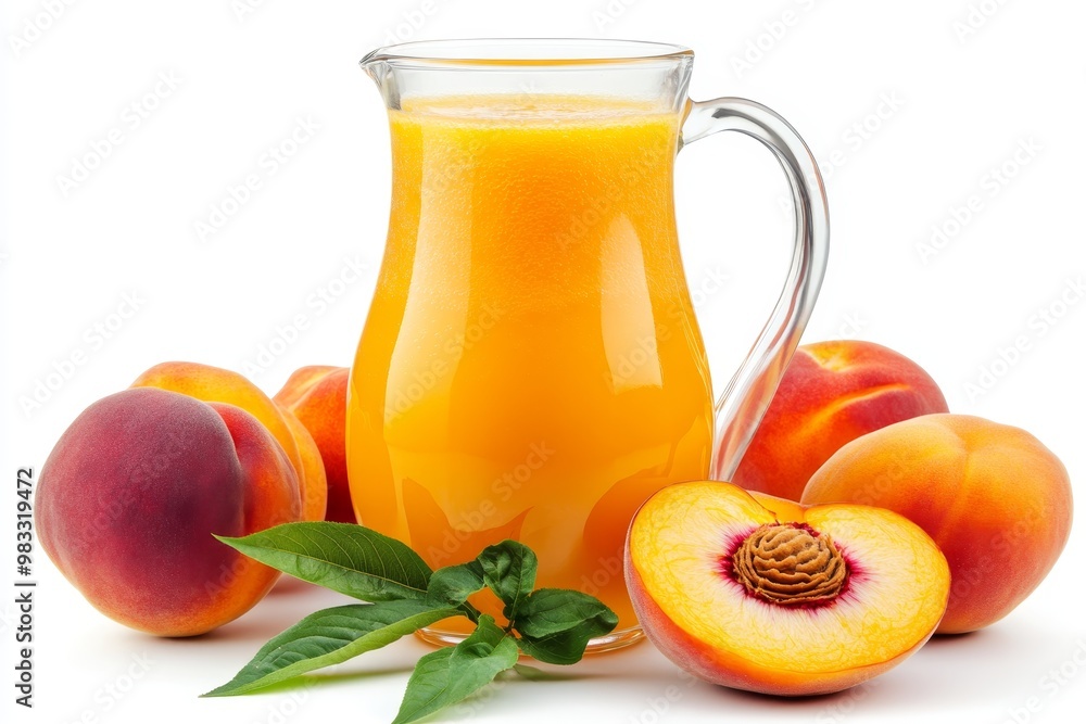 Refreshing peach juice flowing from a glass pitcher into a cup with fresh peaches nearby Refreshing peach juice flowing from a glass pitcher into a cup with fresh peaches nearby
