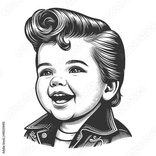 smiling baby with a retro pompadour hairstyle, vintage vibe and classic charm sketch engraving generative ai fictional character vector illustration. Scratch board imitation. Black and white image.