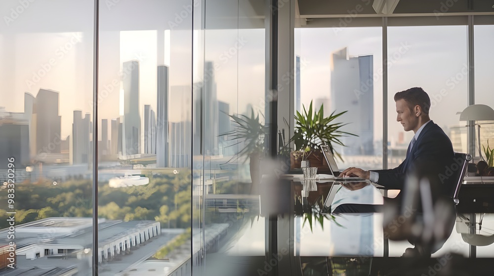 Fototapeta premium A businessman working on a laptop computer at an office. The office has a glass wall, allowing a view of a modern city landscape with buildings and skyscrapers.