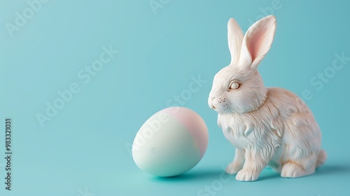 A small bunny figurine beside a pastel-colored egg on a light blue background