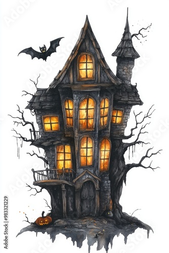 Watercolor gothic haunted house clip art on a white background, Halloween decor photo