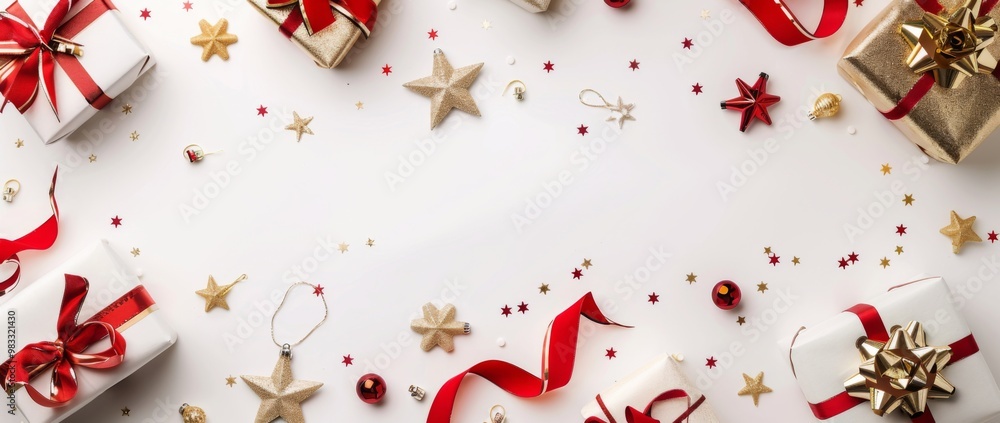 Christmas and New Year holiday background. Xmas greeting card. Christmas gifts on white background top view. Noel. Flat lay Christmas and New Year holiday background. Xmas greeting card. Christmas gifts on white background top view. Noel. Flat lay