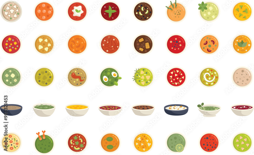 Soup icons set featuring a variety of flavors and ingredients, perfect for representing different types of soup Soup icons set featuring a variety of flavors and ingredients, perfect for representing different types of soup