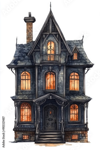 Watercolor gothic haunted house clip art on a white background, Halloween decor