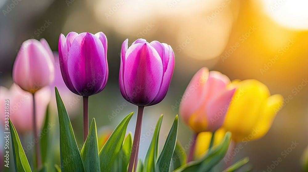 Landscape with blooming tulips. Fresh spring flowers. Growing flowers for sale in large quantities. Illustration for cover, card, postcard, interior design, banner, poster, brochure or presentation. Landscape with blooming tulips. Fresh spring flowers. Growing flowers for sale in large quantities. Illustration for cover, card, postcard, interior design, banner, poster, brochure or presentation.