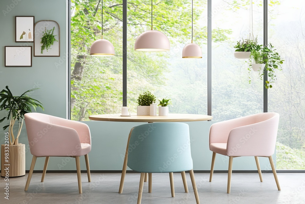 Fototapeta premium Scandinavian Dining Minimalist Interior With Table, Upholstered Chairs, and Tranquil Green Wall