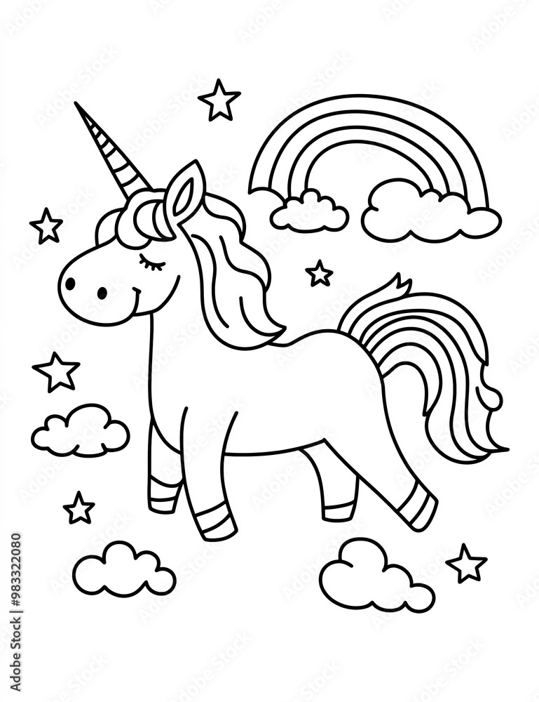 Obraz premium Coloring page for kids, a cute unicorn with clouds and a rainbow, in a cartoon style with thick lines. 