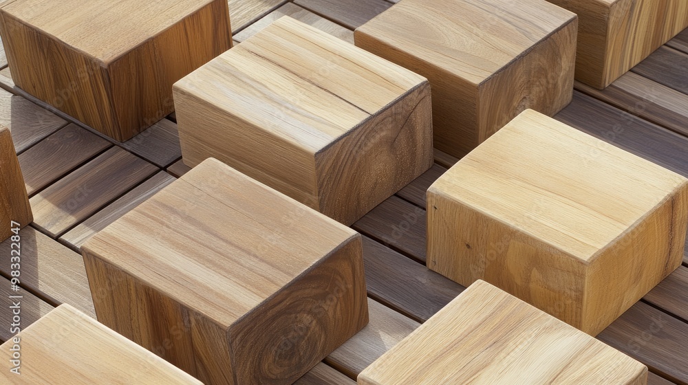 The cozy wooden seating and cube tables invite relaxation in an urban park, surrounded by trees adorned with autumn foliage and a warm, inviting atmosphere The cozy wooden seating and cube tables invite relaxation in an urban park, surrounded by trees adorned with autumn foliage and a warm, inviting atmosphere