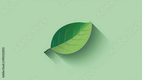 Single green leaf with a long shadow against a light green background. photo