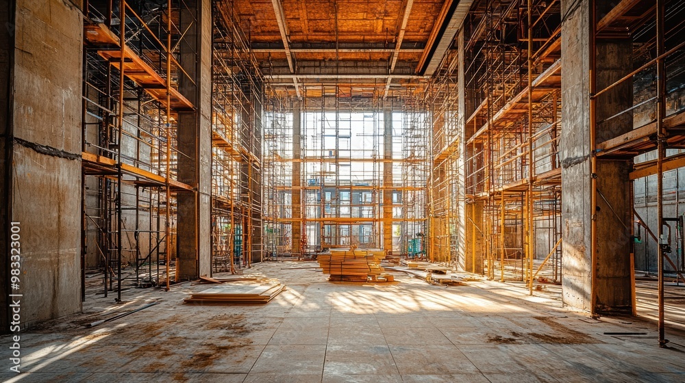 Modern Construction Site with Scaffolding in Progress Modern Construction Site with Scaffolding in Progress