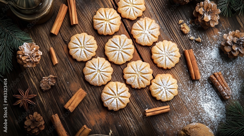 Freshly baked cinnamon cookies on a rustic table, dusted with sugar and surrounded by cinnamon sticks. Freshly baked cinnamon cookies on a rustic table, dusted with sugar and surrounded by cinnamon sticks.