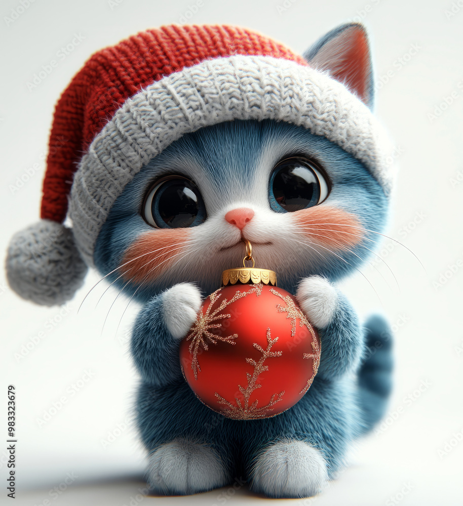 cute cat is holding a red Christmas ornament, cute cat is holding a red Christmas ornament,